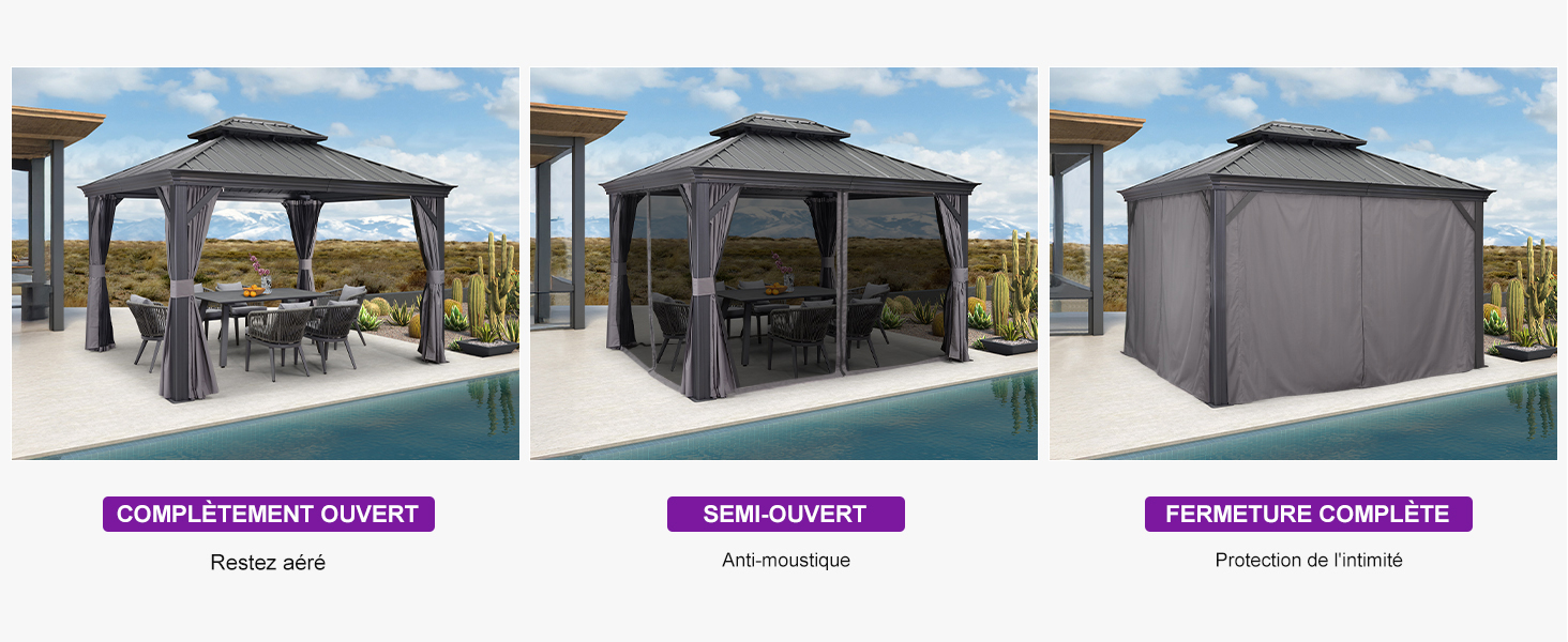 Image à trois panneaux d'un belvédère extérieur avec auvent gris, présenté dans des configurations ouvertes, semi-ouvertes et complètement fermées à côté de la piscine. Cadre métallique robuste visible à l'état ouvert.
