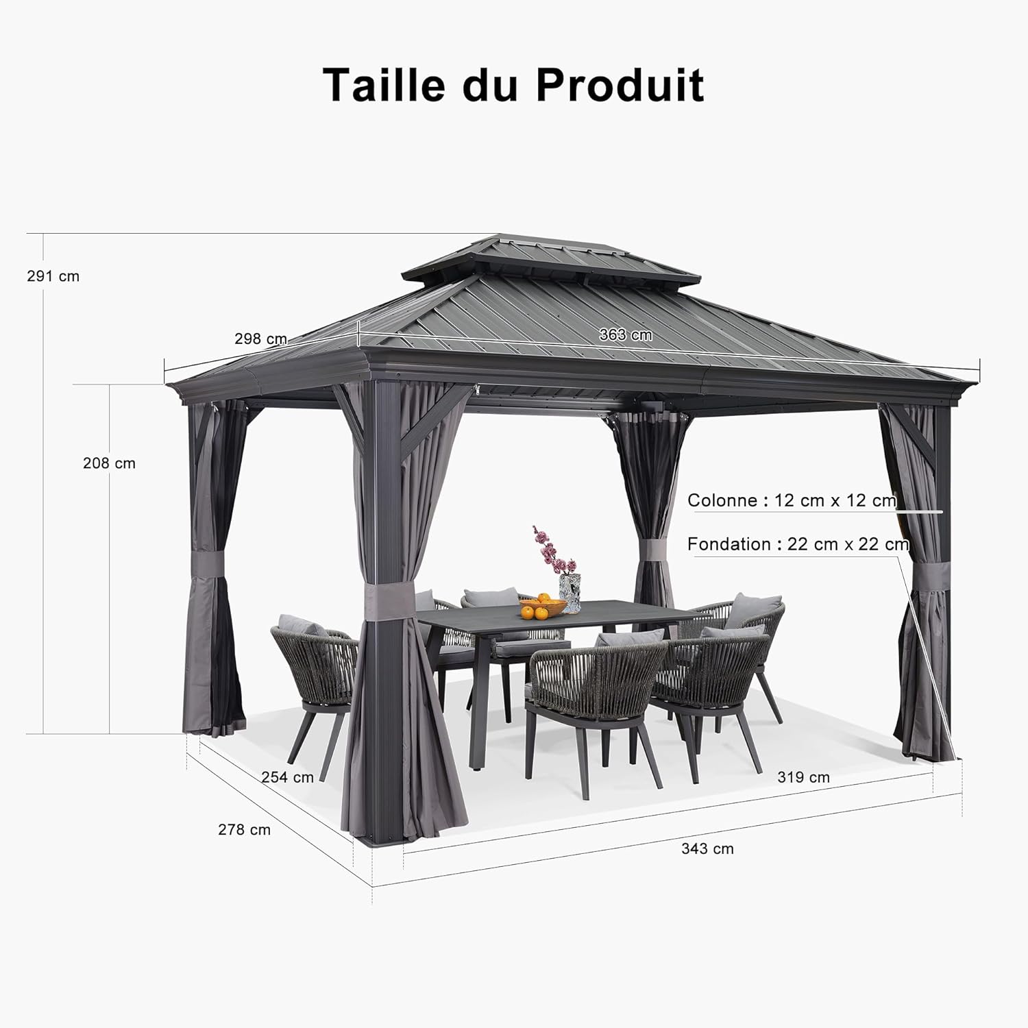 jardinite - pergola double toit acier 4x3m, moustiquaire, rideaux