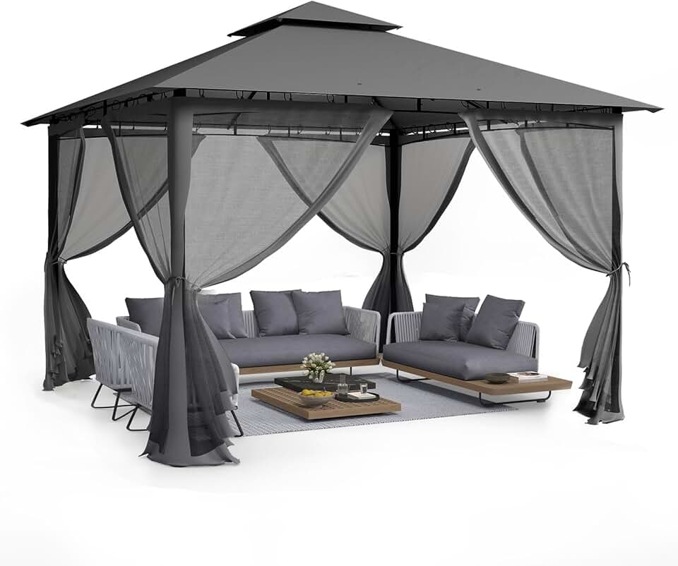 jardinite - Double Toit, 3.4x3.4m - Métallique, moustiquaire, gris