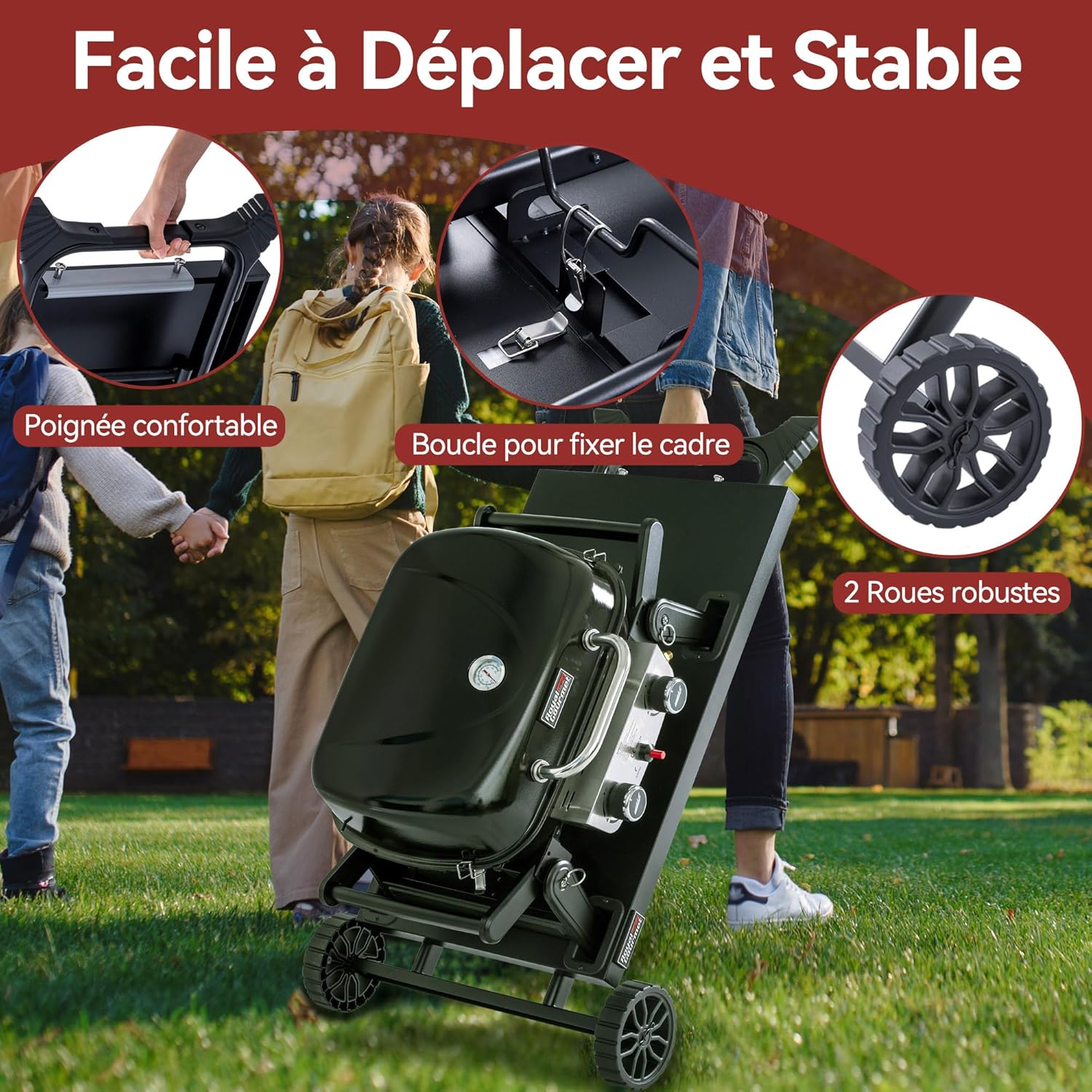 jardinite - barbecue gaz portable - 48x37 cm - 2 brûleurs, tables pliantes, chariot détachable, 5kW