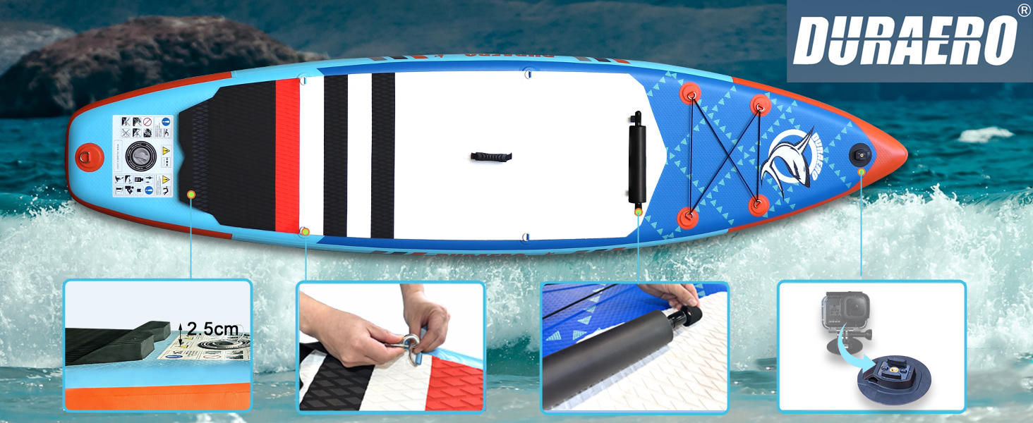 Le texte se lit comme suit : « DURKERO ». Équipement de sports nautiques présenté dans un décor sous-marin d'un bleu éclatant. Plusieurs photos de produits montrant des équipements ou des accessoires imperméables.