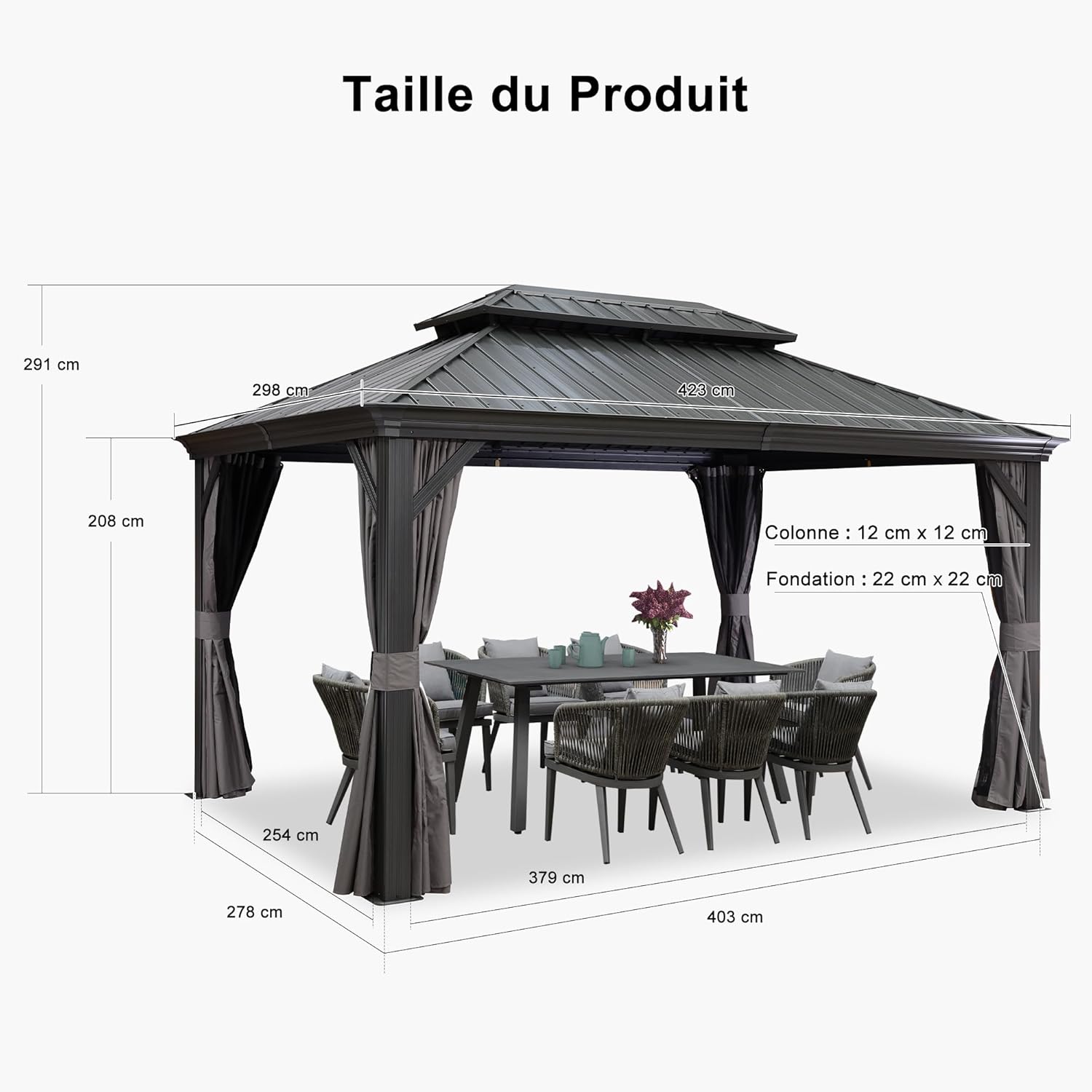 jardinite - Tonnelle Jardin 4,25x3 m - acier galvanisé, rideaux épais, gouttière