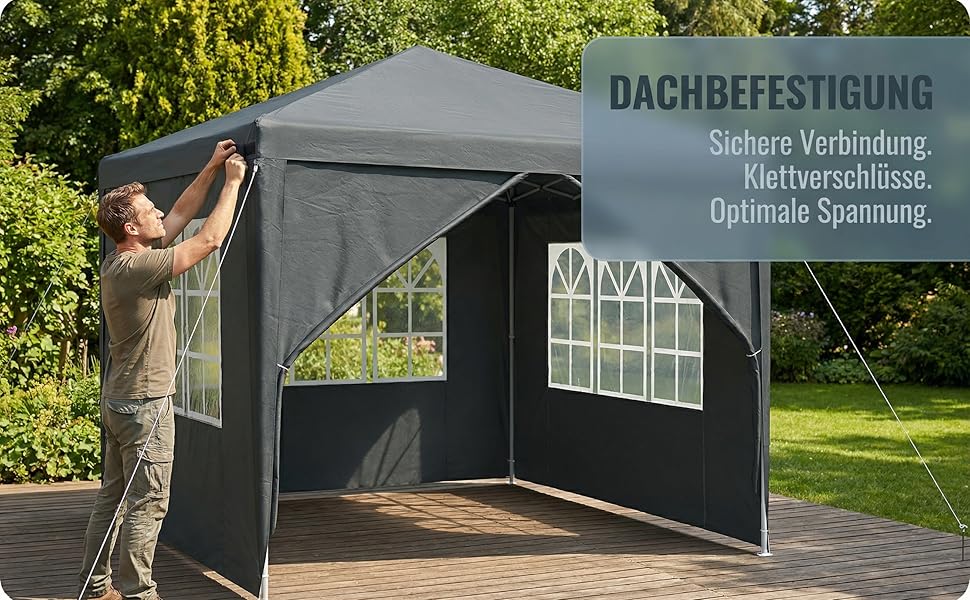 Le texte indique « DACHBEFESTIGUNG ». Tente extérieure gris foncé installée dans un jardin avec structure de montage visible.