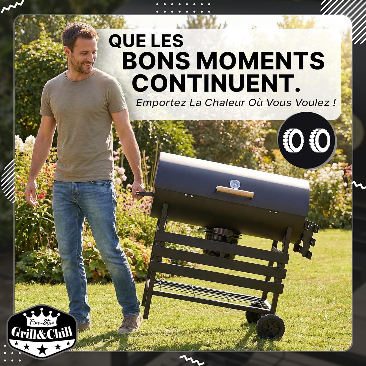 Five-Star – Grill & Chill série – 71×35 cm – barbecue charbon couvercle, thermomètre, cendrier, roues – GC0002