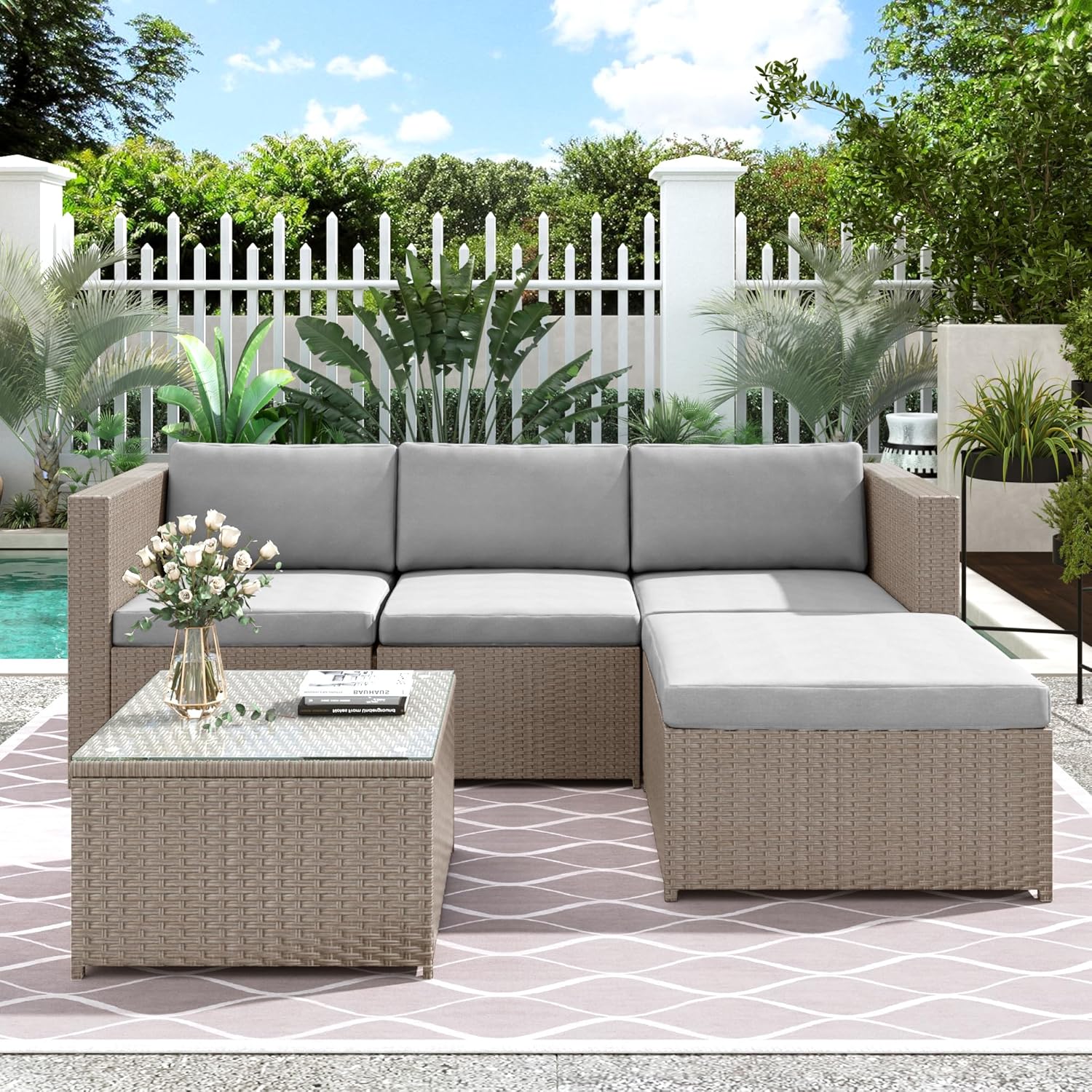 Salon de jardin modulable poly rotin 4 places, coussins, table verre