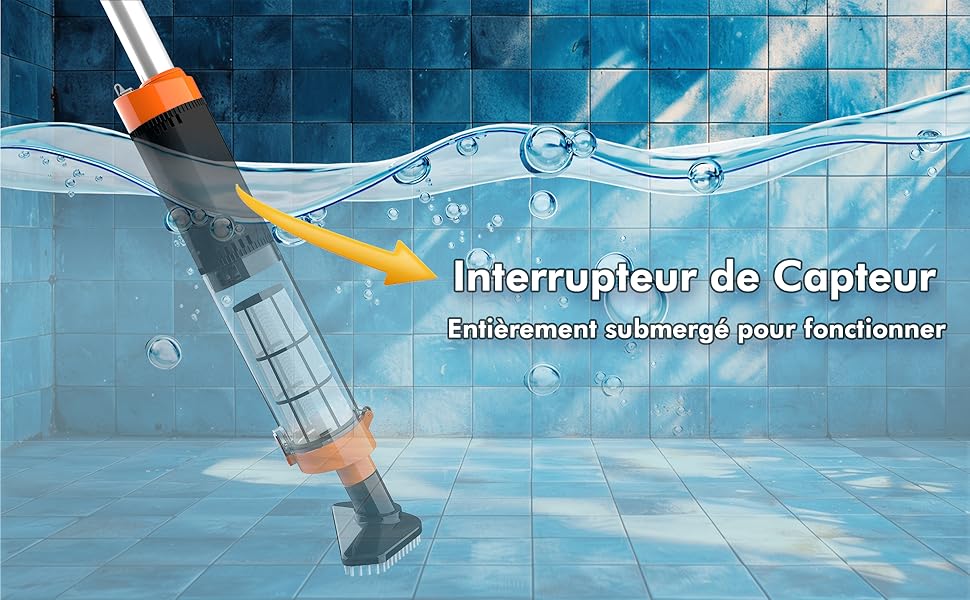Le texte indique « Interrupteur de Capteur ». Vues multiples d'un appareil de nettoyage de piscine se déplaçant sous l'eau sur fond de piscine carrelé bleu.