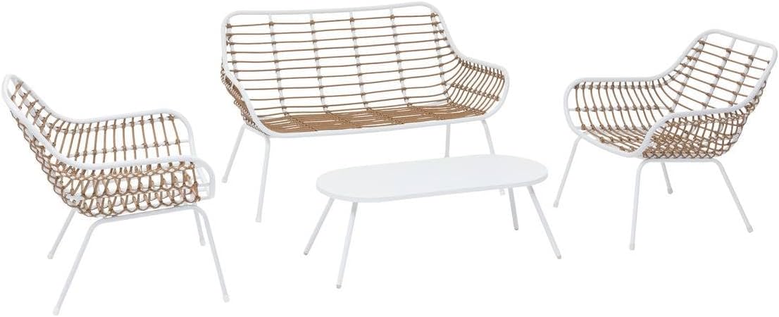 jardinite - Paopao Salon de Jardin - 4 places - acier epoxy, pieds ajustables - Blanc et Beige