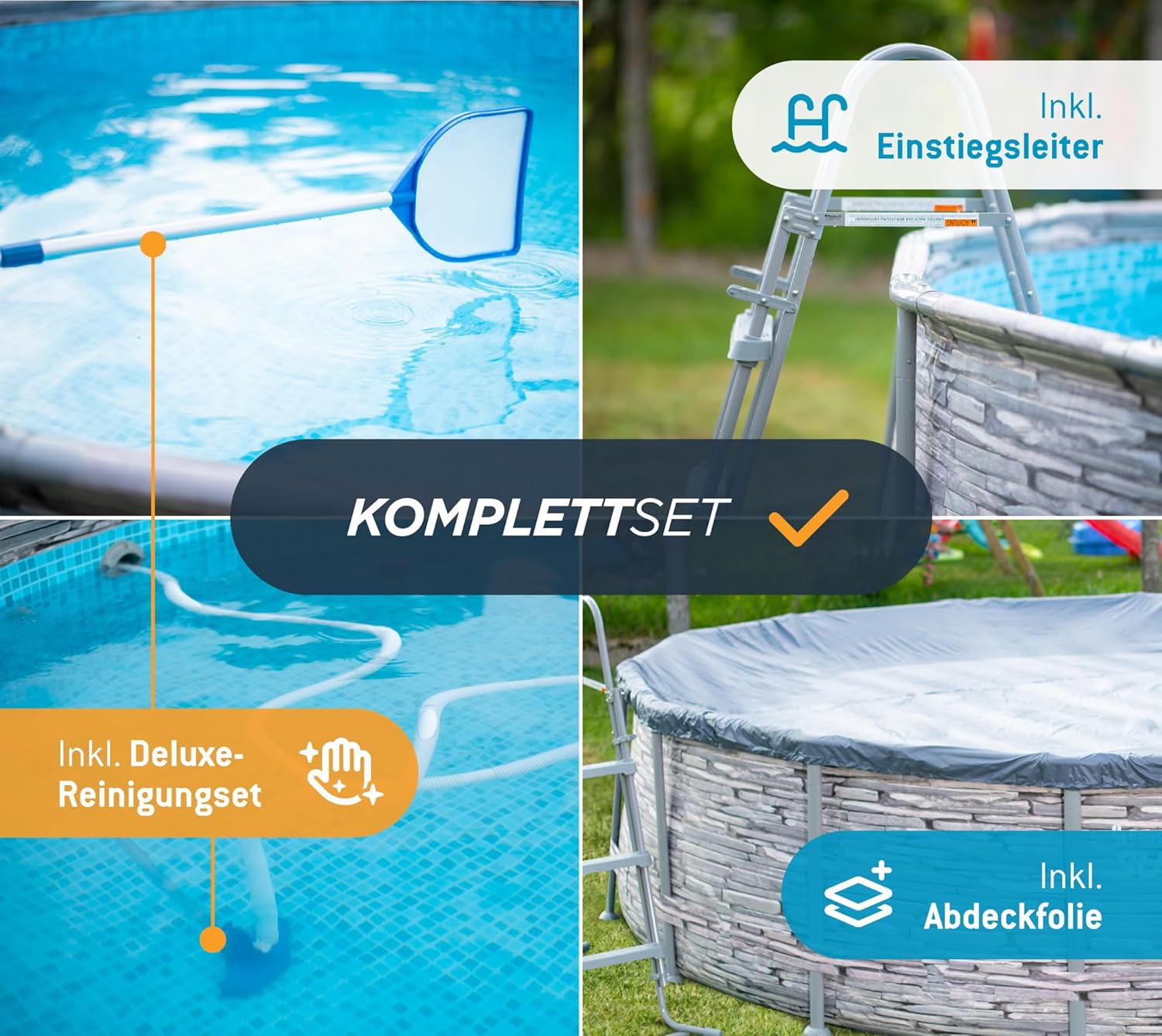 jardinite - Frame Pool Kit rond - 427x107 cm - aspect pierre grise, pompe à filtre