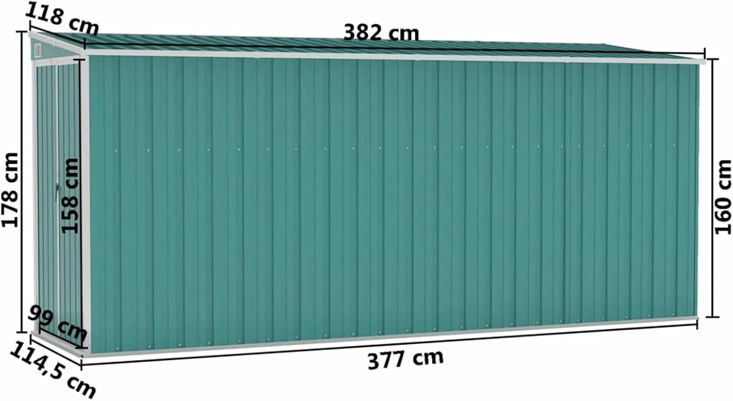 Abri de jardin mural acier galvanisé vert 118x382x178cm, robuste