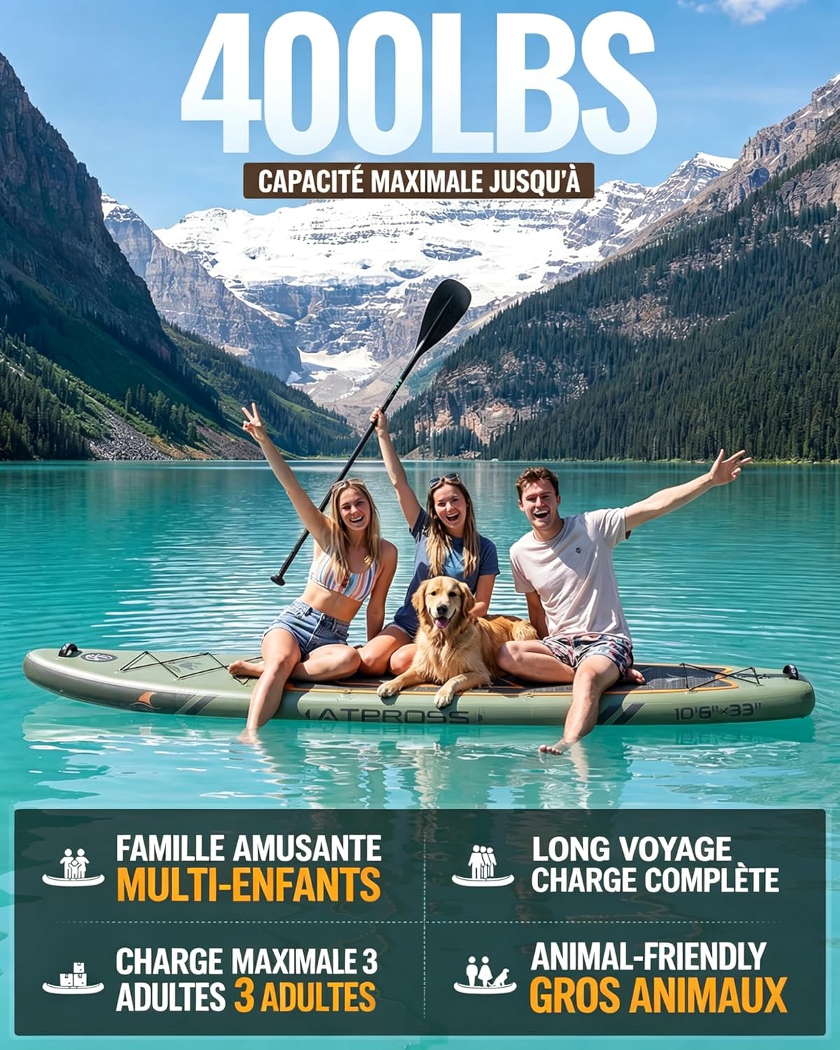 Stand Up Paddle Gonflable Adulte avec Siège Kayak & Accessoires, 320x84cm Planche de Sup Extra Large pour 2 Personnes, Charge 200kg, Kayak Gonflable 2 Places Stable et Antidérapant pour Surf