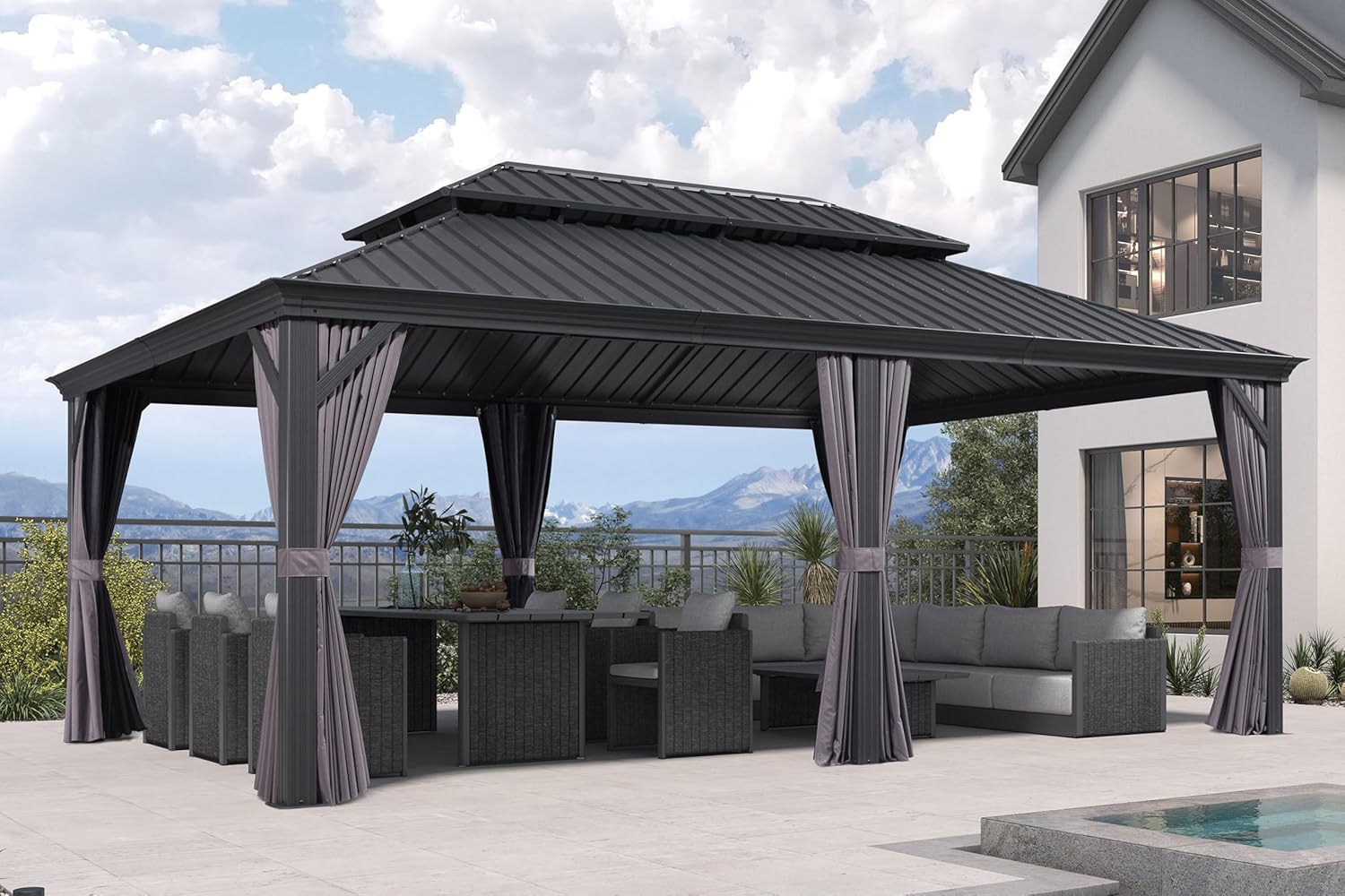 jardinite - Pergola Série Extérieur - 6x4m - Toit acier, moustiquaire, rideaux, gouttière