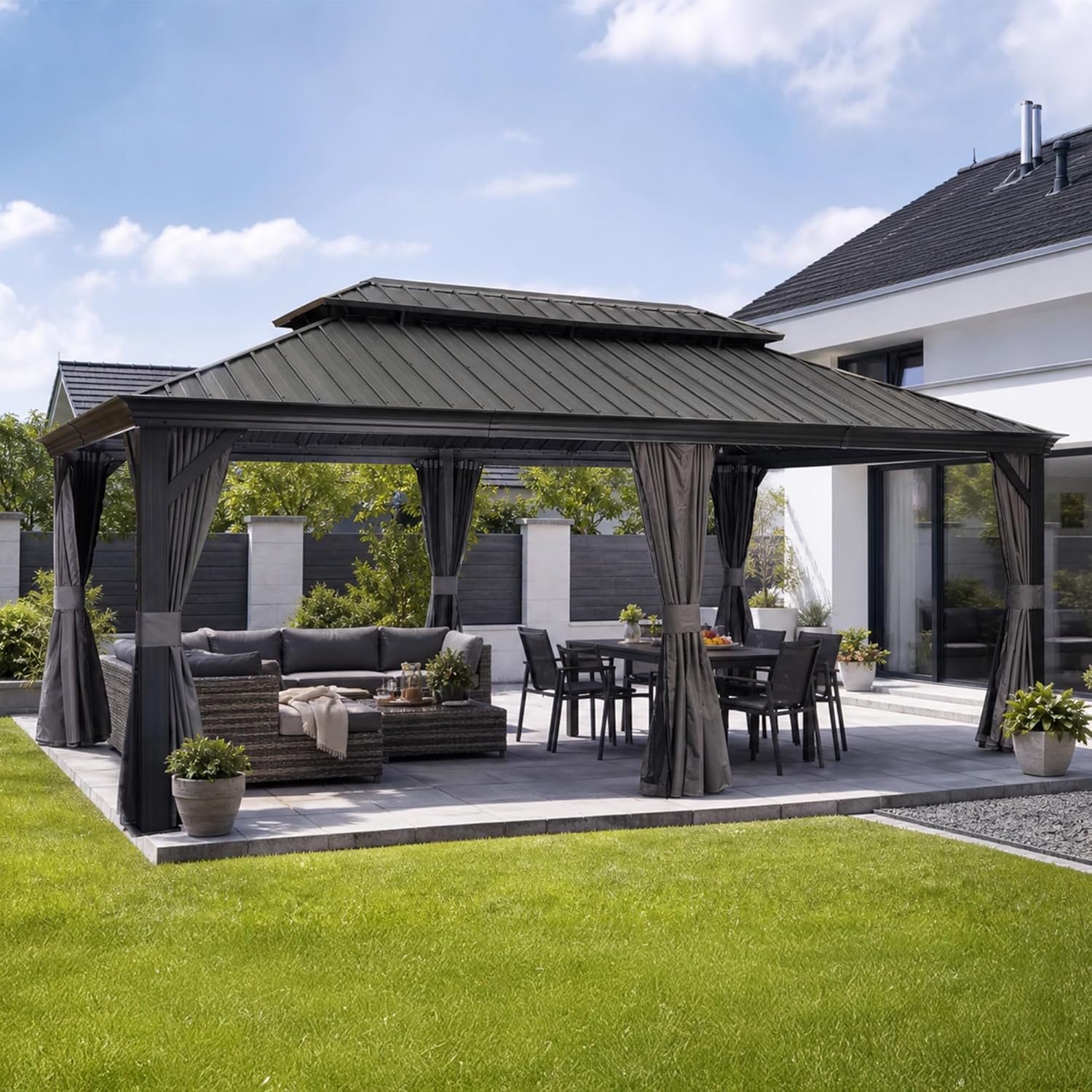jardinite - Pergola double toit acier - 6x3,65m - moustiquaire, rideaux, gouttière, poteaux renforcés