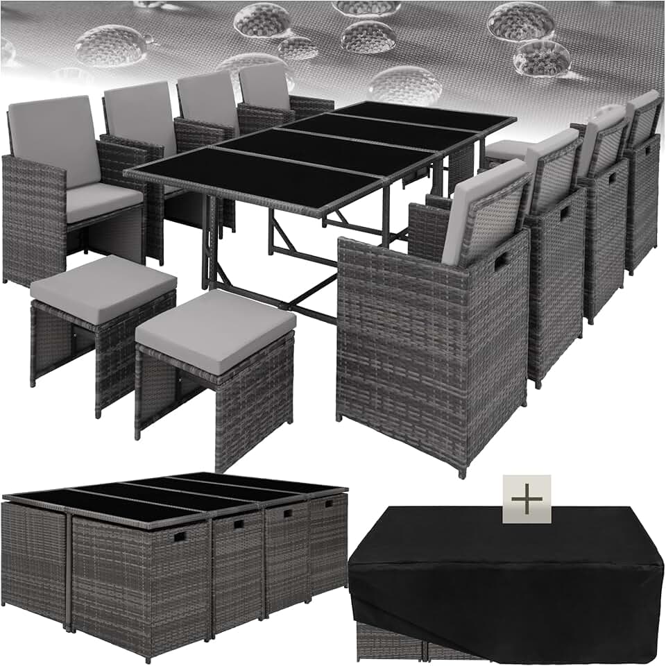 jardinite - Salon Résine Tressée, 8 chaises, 4 tabourets, table, gris
