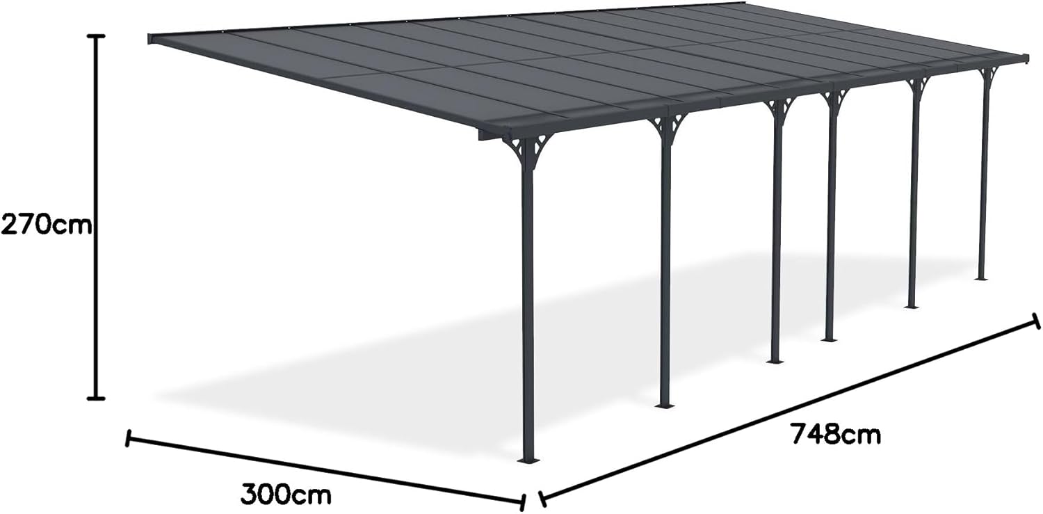 KLEO - Pergola adossée aluminium - 7,48x3 m - Polycarbonate, gouttière, gris RAL 7016 - résistance vent 40 km/h, UV30+