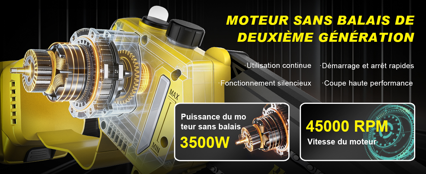 Le texte indique « MOTEUR SANS BALAIS DE DEUXIÈME GÉNÉRATION », « 3500 W », « 45 000 TR/MIN ». Schéma technique montrant la coupe transversale des composants du moteur sans balais.