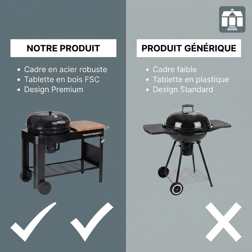 jardinite - Barbecue Calgary - acier/bois - couvercle thermomètre, tablettes, 2 roues, noir