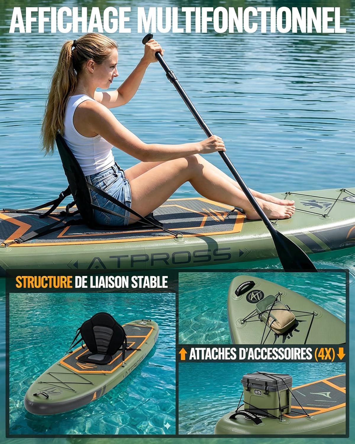 Stand Up Paddle Gonflable Adulte avec Siège Kayak & Accessoires, 320x84cm Planche de Sup Extra Large pour 2 Personnes, Charge 200kg, Kayak Gonflable 2 Places Stable et Antidérapant pour Surf