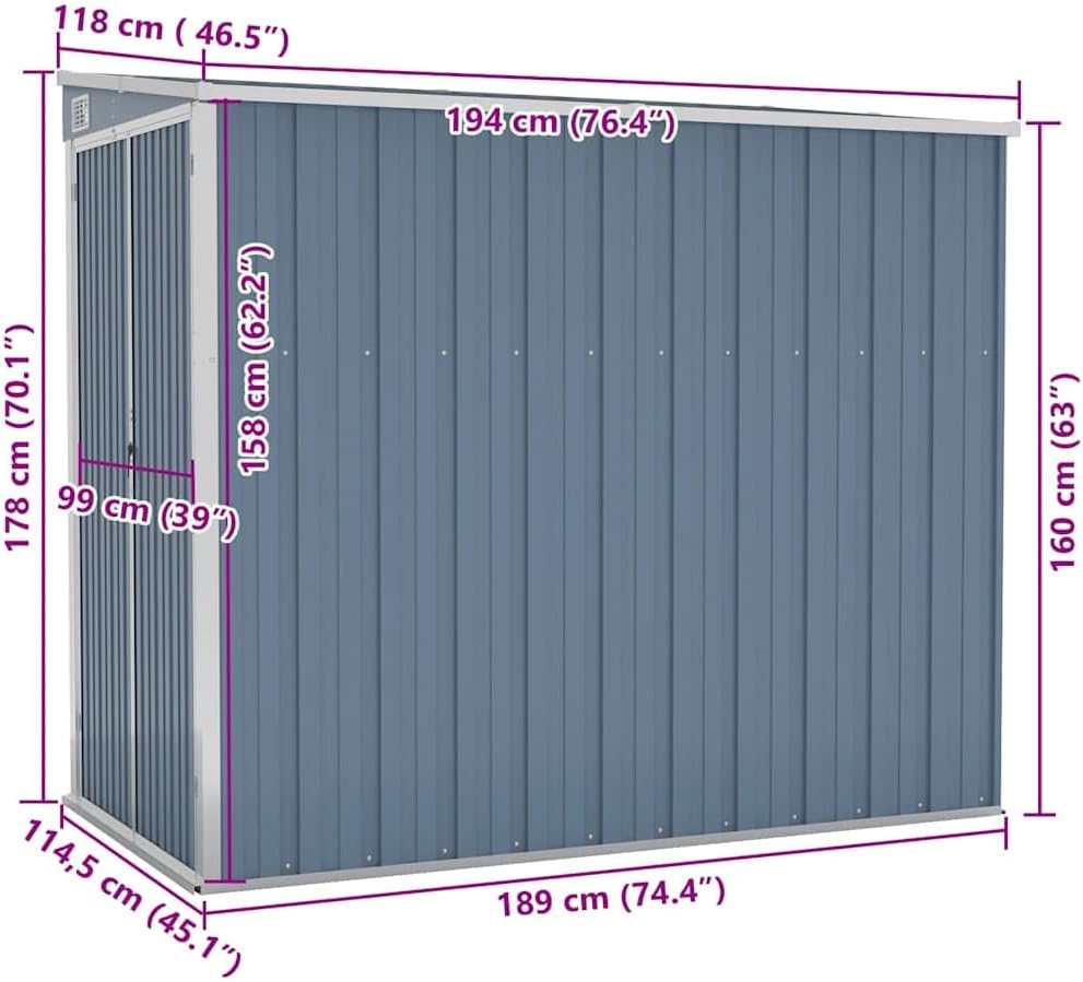 jardinite Abri de Jardin Mural Gris 118x194x178 cm Acier galvanisé,Maison & Jardin, Pelouses & Jardins, Vie en extérieur, Structures extérieures, Cabanes & abris de Jardin, Gris (Poids 31.54KG)