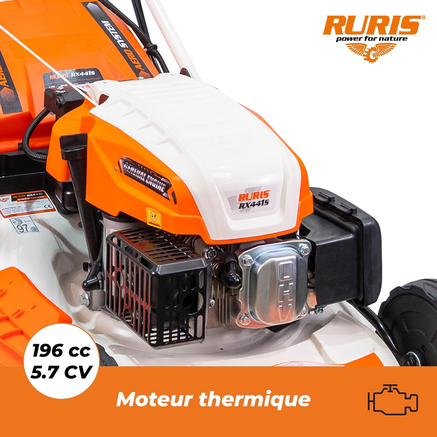 RURIS Tondeuse à Gazon Thermique RX441S 5,7 CV – Largeur 51 cm, Démarrage Électrique, Autopropulsée à Vitesse Variable, 5 Fonctions, 2000 m², Bac 65L, Orange