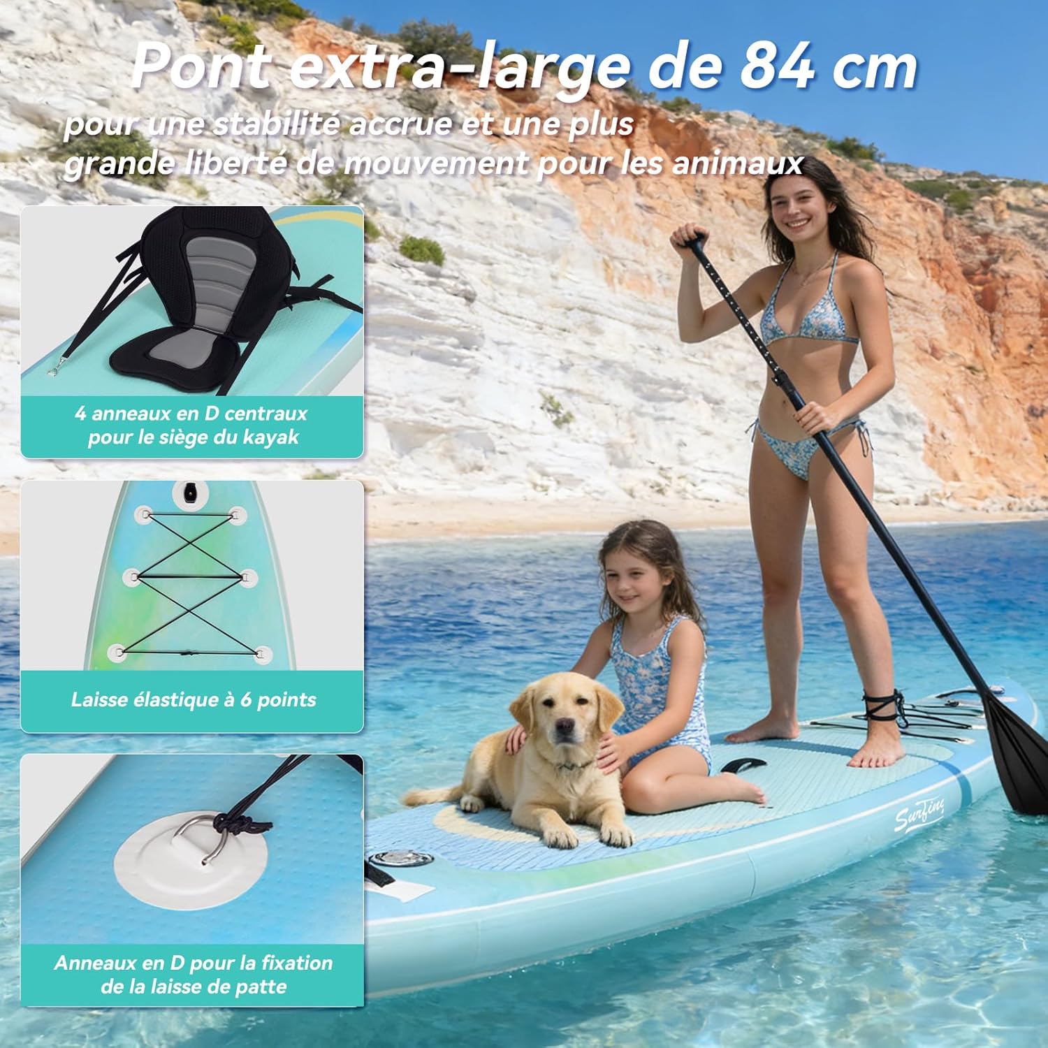 jardinite - paddle gonflable adulte - 320/335cm - 2 places, siège kayak, pagaie alu, support caméra, pompe, 150 kg