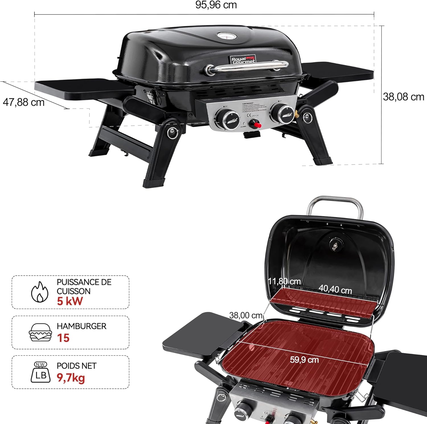 jardinite - Barbecue Gaz 2 brûleurs - 48x37 cm - tables pliables, 5kW