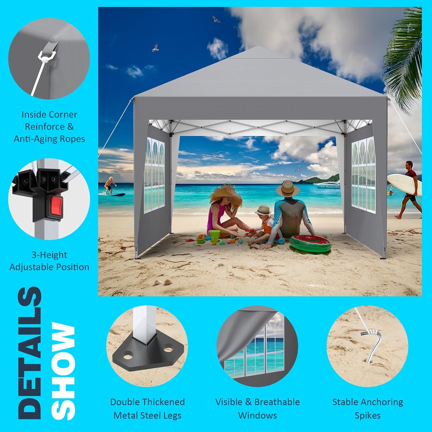 Tonnelle de jardin - modèle pliant - 2.5x2.5m - imperméable, UV50+, hauteur réglable, avec 4 côtés et sac de transport