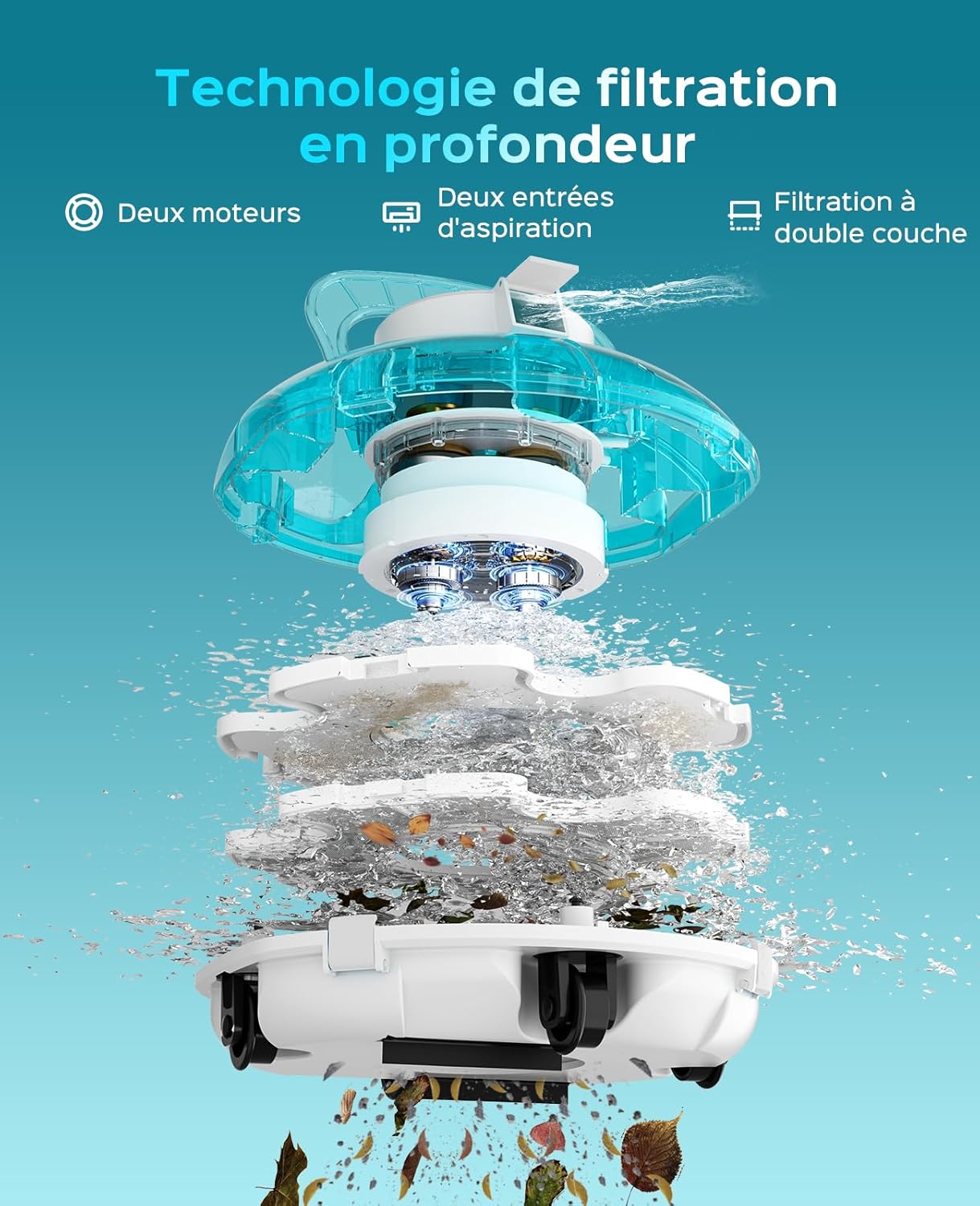 Winny - Robot piscine sans fil, 60m², double filtration, 80 min, Winny200P