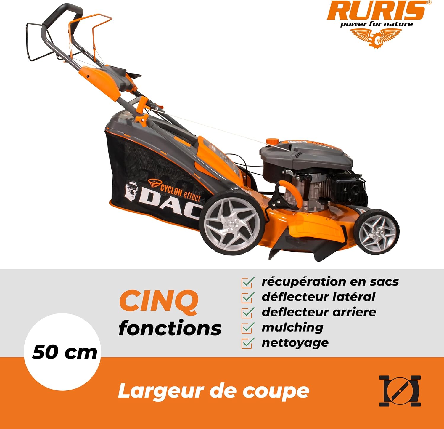 Ruris - tondeuse thermique 502mm 5CV sac 55L autopropulsée DAC150XL