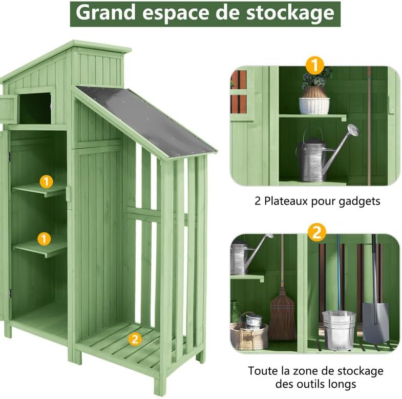 Abri de Jardin en Bois 124x46x174cm,Rangement Outils de Jardin,Cabane de Jardin Extérieur avec Serrure en PVC incliné à loquet,Vert