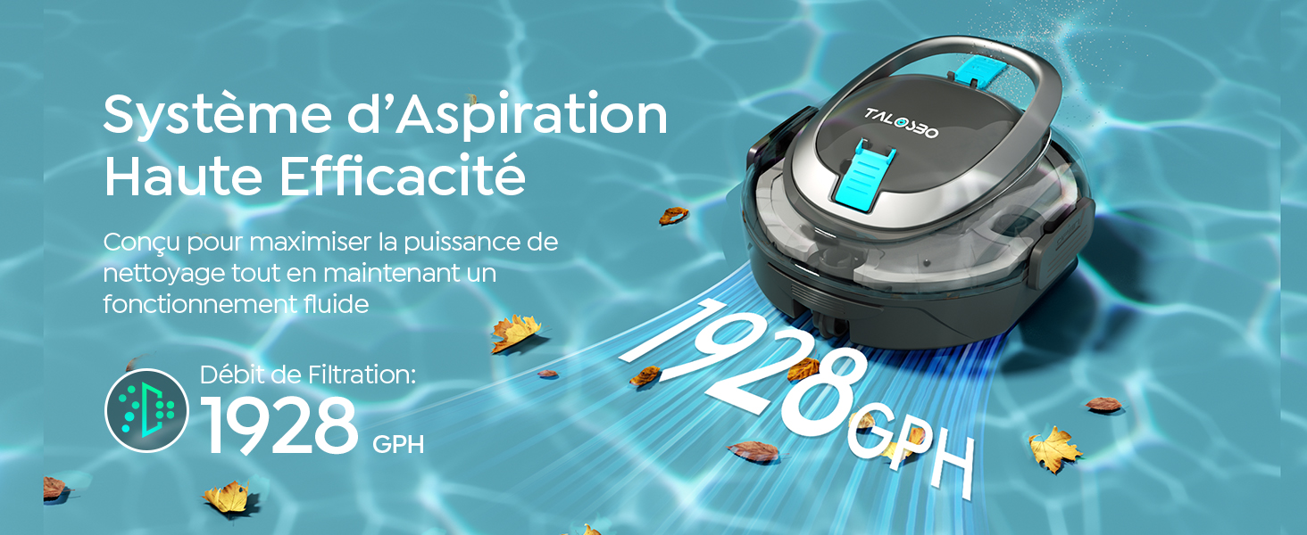 Le texte indique « Système d'Aspiration Haute Efficacité ». Publicité d'un système de nettoyage de piscine montrant la surface de l'eau avec un robot nettoyeur visible sous l'eau.