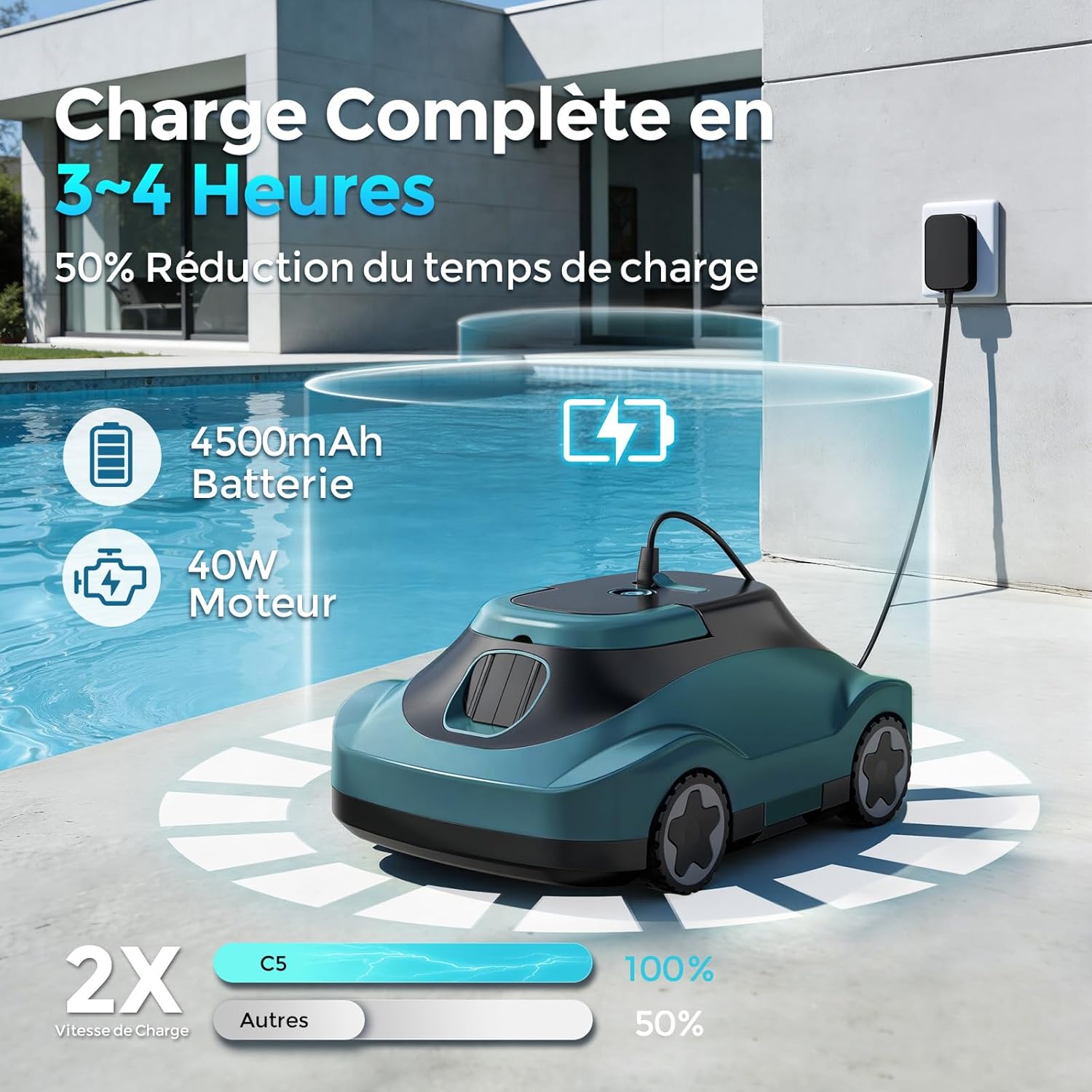 Robot piscine sans fil - autonome 180min - filtration fine, navigation intelligente, aspiration puissante