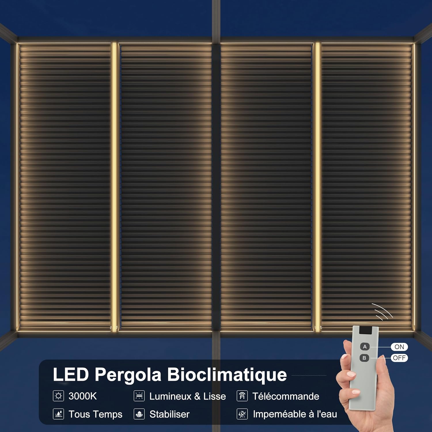 jardinite - Pergola bioclimatique - 6 x 3,68 m - alu, LED, gouttières, gris