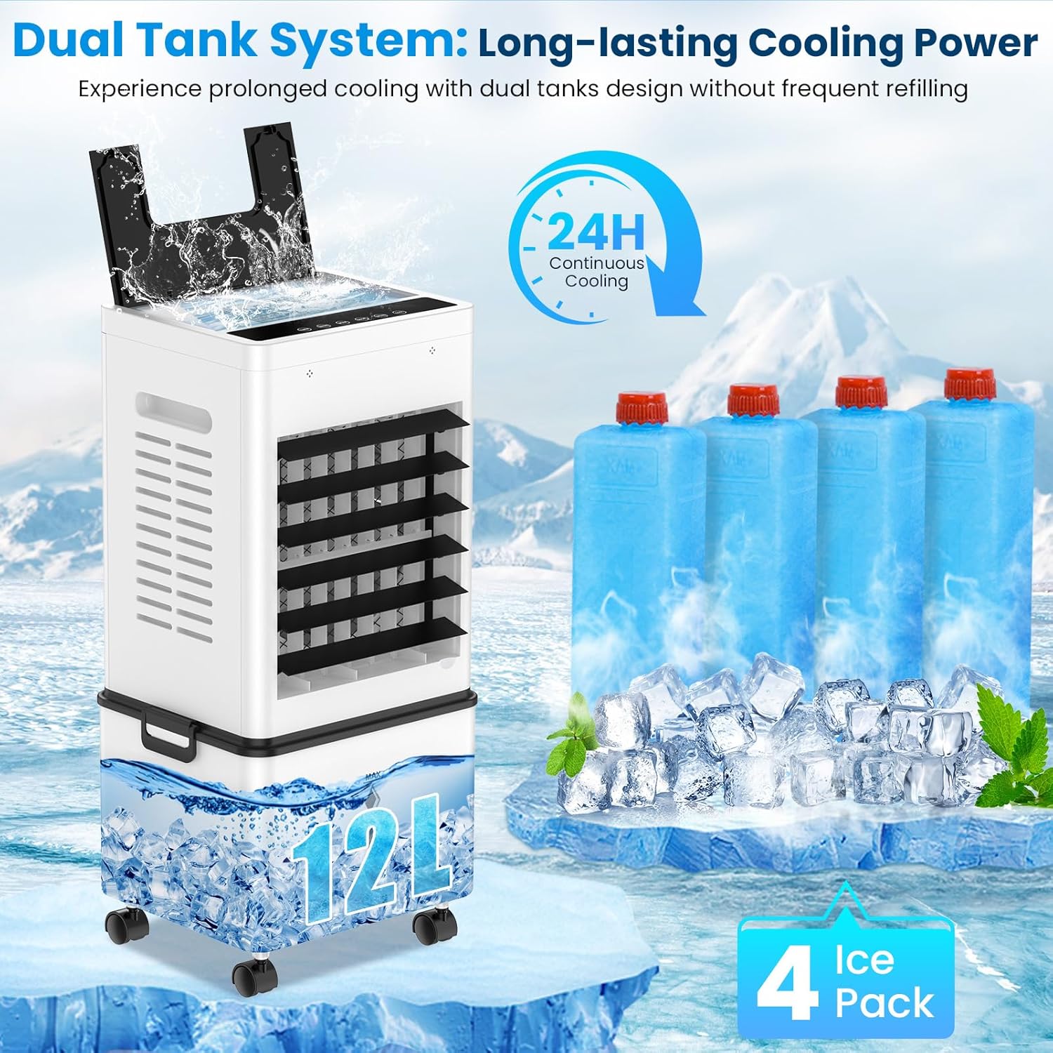 Climatiseur mobile - refroidisseur évaporatif 12 L - 6 vitesses, télécommande, minuterie 24h, 45W