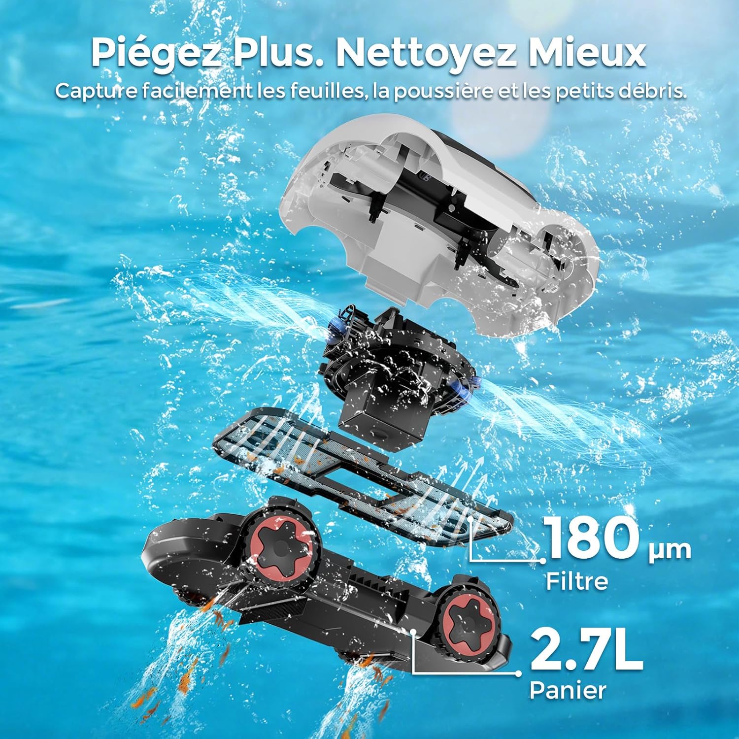 Robot piscine sans fil - 180 min, aspiration puissante, 200m², filtration ultra-fine