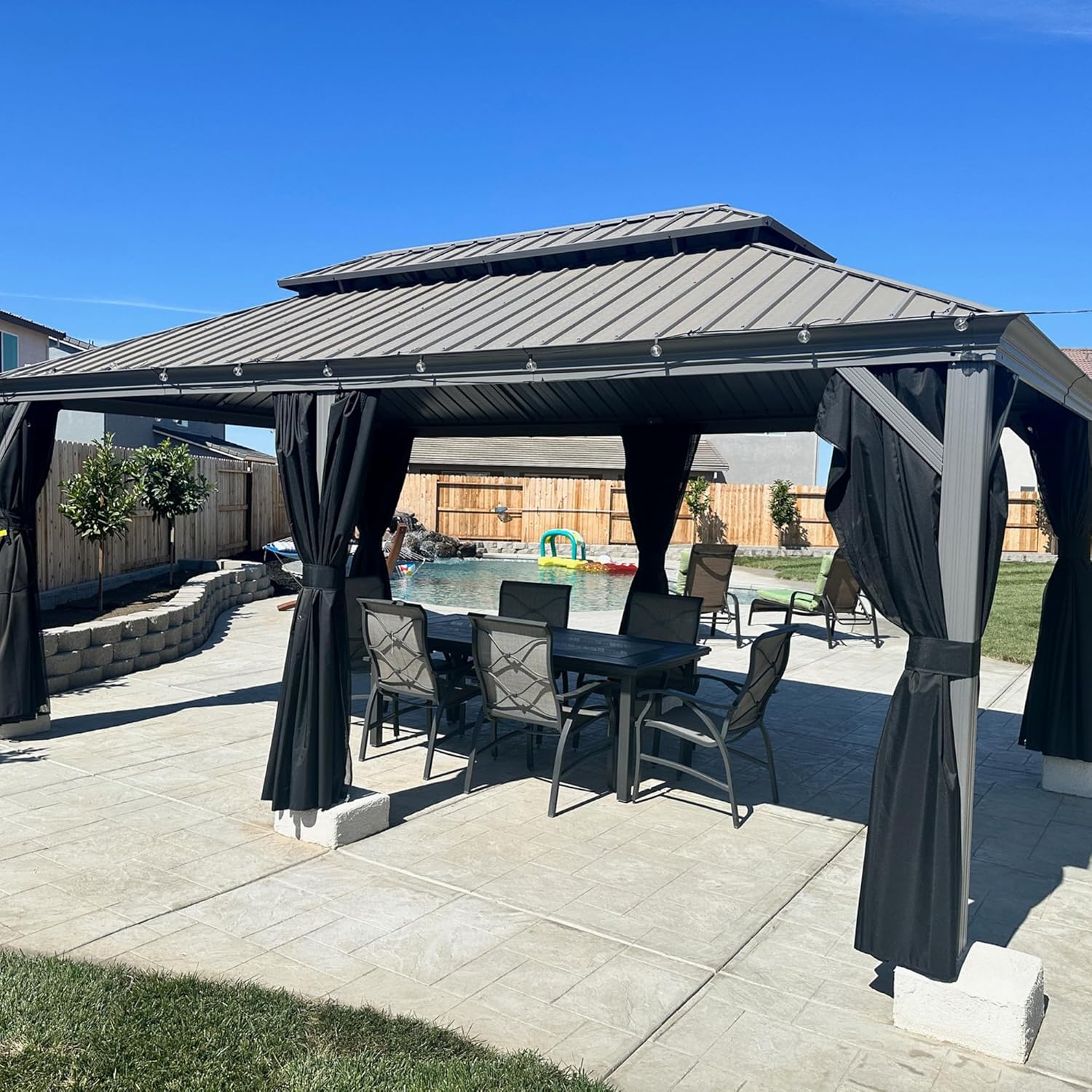 jardinite - Pergola double toit aluminium 3,65x6m rideaux LED, Gris -