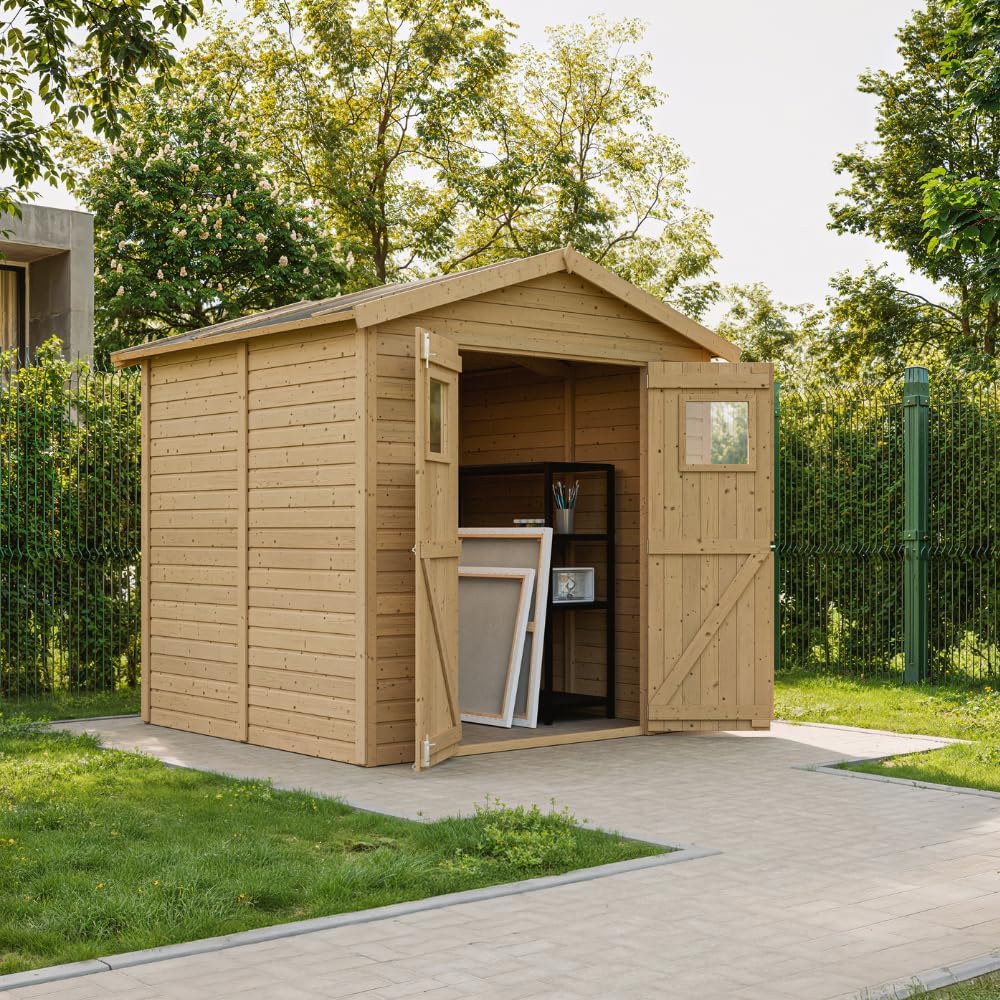 Abri de Jardin en Bois Naturel - Stockage extérieur avec fenêtres H228x222x233 cm/4,2 m² Hangar en Bois Naturel - Atelier Rangement Outils et vélos- jardinite M351