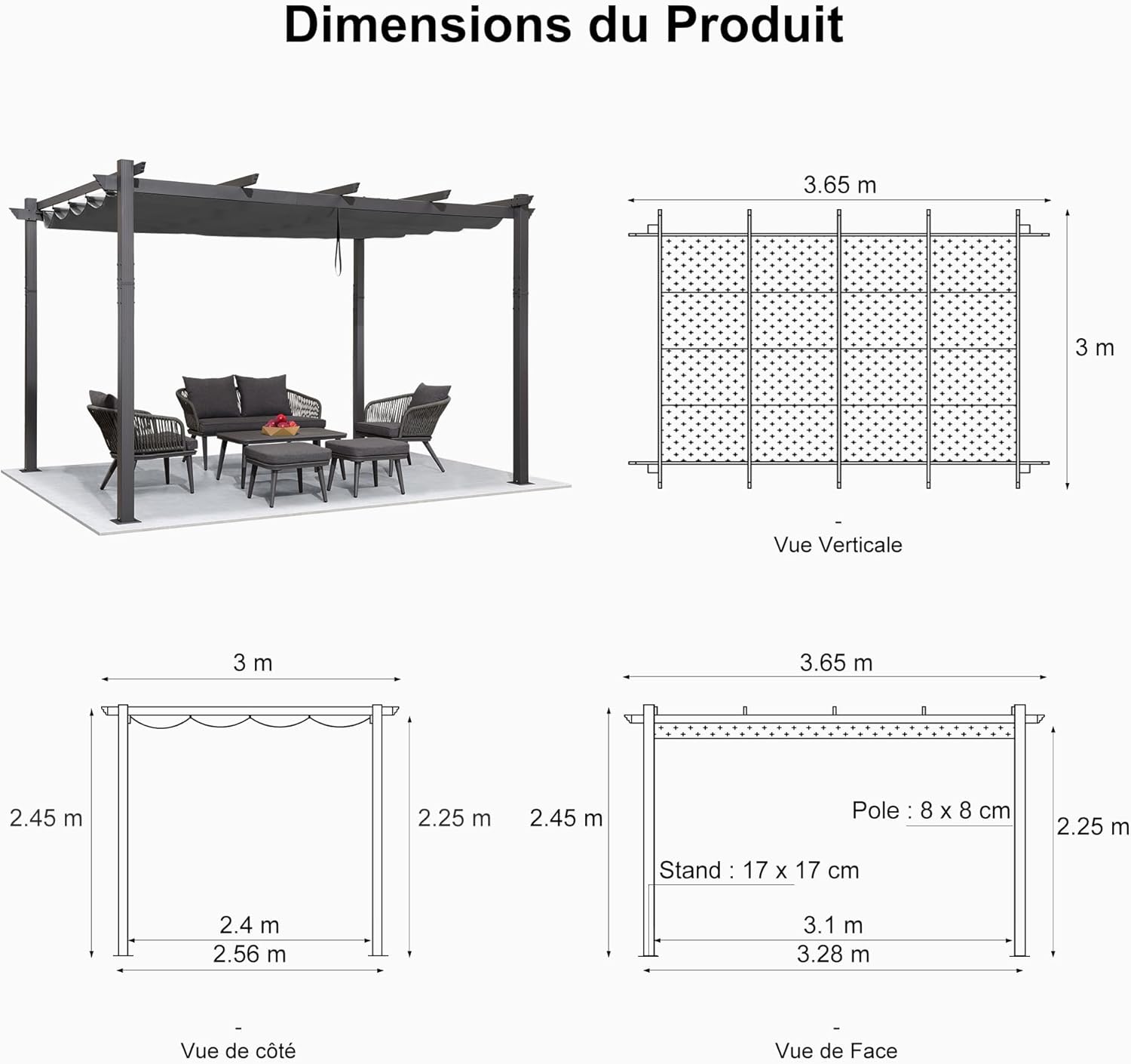 jardinite - pergola aluminium - 3,65x3m - toit rétractable LED, tissu gris