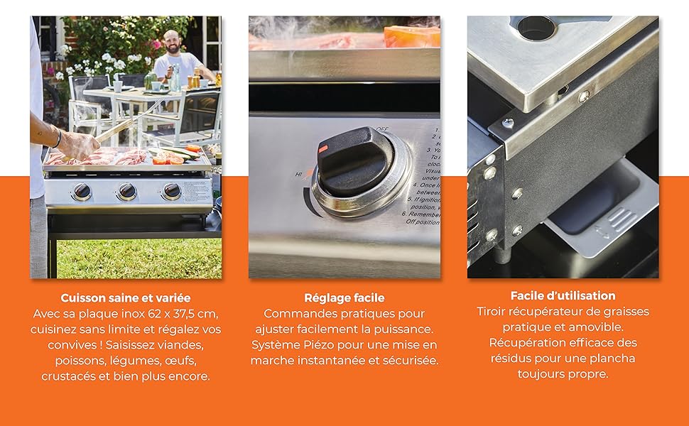 Plancha Cadix 3 feux Plaque inox jardinite