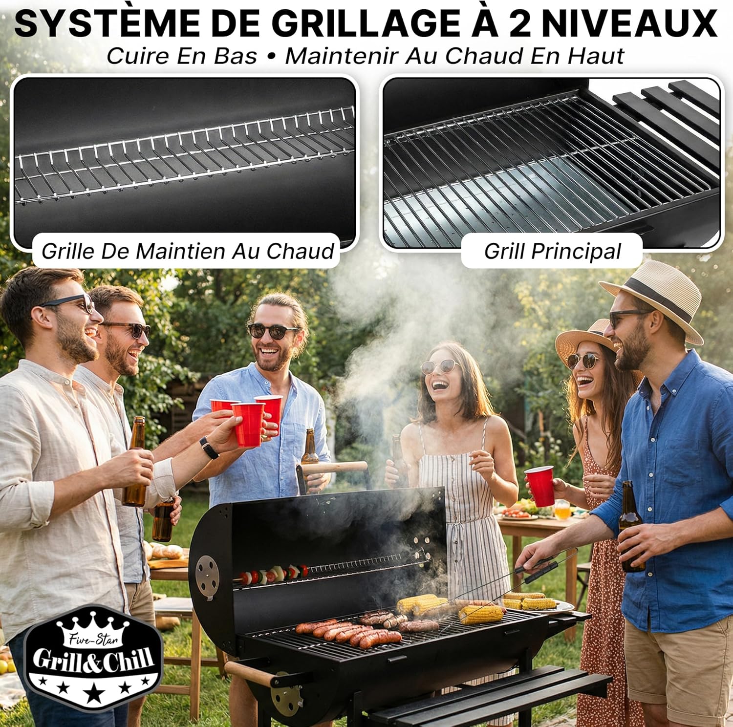 Five-Star – Grill & Chill série – 71×35 cm – barbecue charbon couvercle, thermomètre, cendrier, roues – GC0002