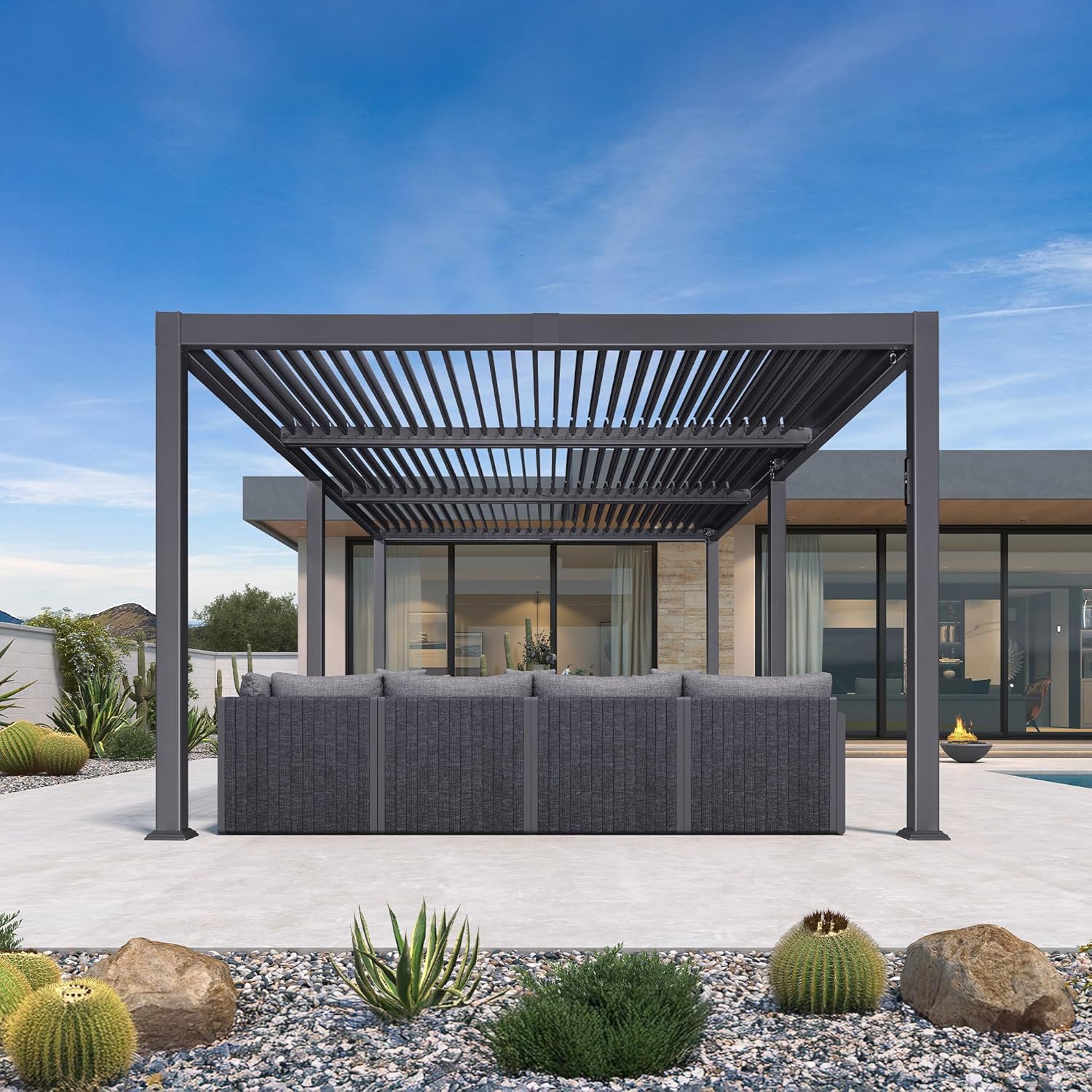 jardinite - pergola bioclimatique - 3,5x6,35m - lames LED alu gris