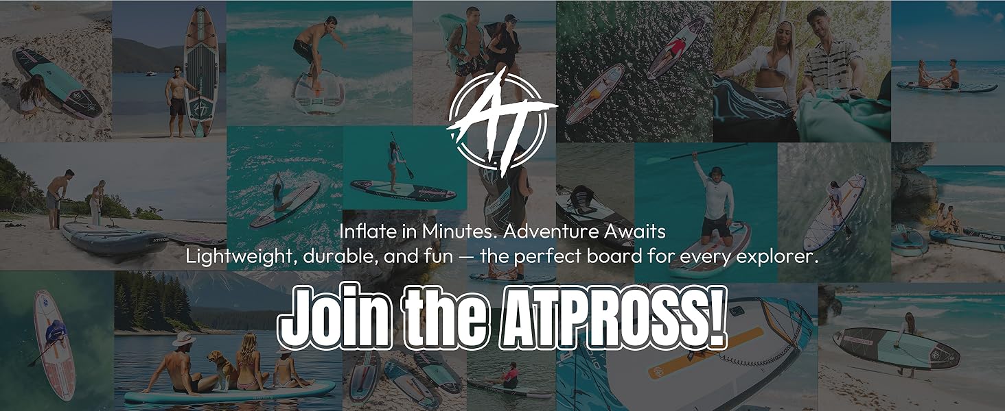 Collage d'activités nautiques mettant en vedette des paddleboards. Le logo central et le texte font la promotion des planches à pagaie gonflables « jardinite », mettant l'accent sur les caractéristiques légères, durables et amusantes des loisirs nautiques