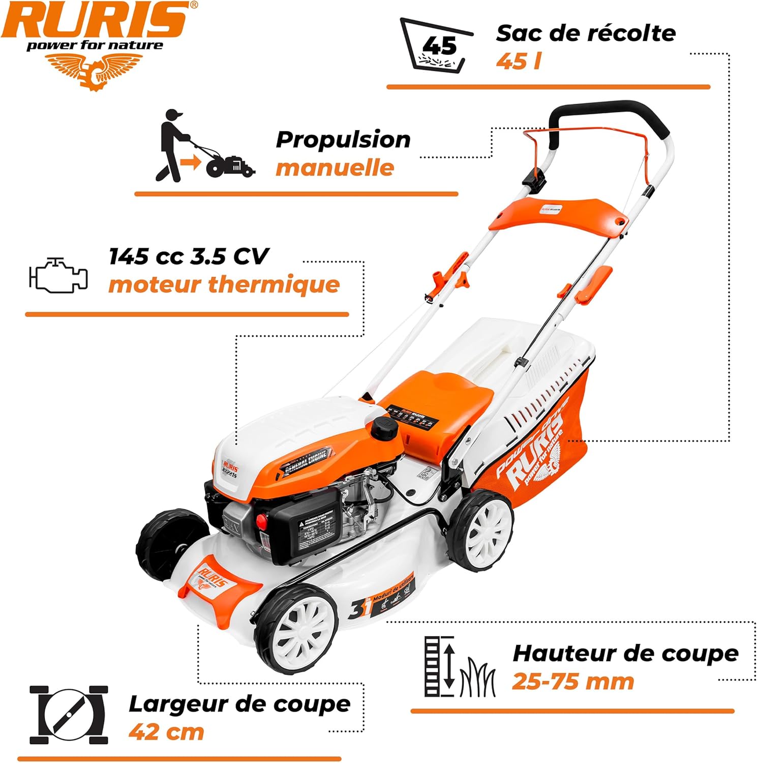 RURIS Tondeuse à Gazon Thermique RX221S, 3,5 CV, 42 cm, Sac 45L, 3 en 1: Collecte, Éjection Arrière, Mulching, Châssis Acier, Hauteur de Coupe 25-75 mm, Orange