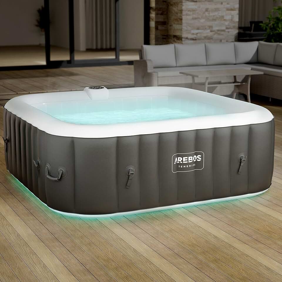 jardinite - Spa gonflable LED, 185x185cm, 6 pers, 130 jets massage