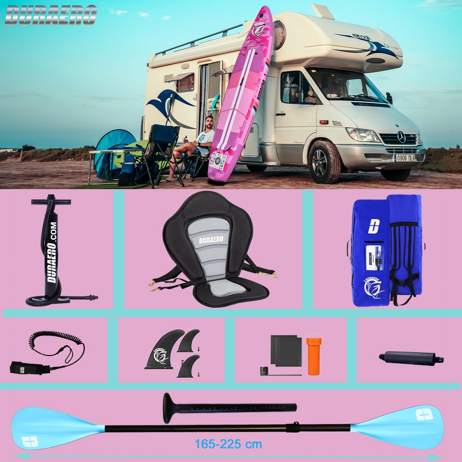 Stand up Paddle gonflable - siège kayak - 330x76x15cm, 150kg, accessoires, Pink