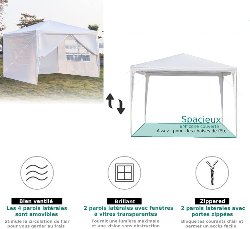 Tonnelle de jardin pliante imperméable 3x3m, 4 parois, bâche PE épaisse, protection UV