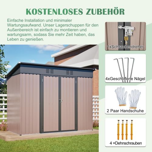 Abri de jardin métal 8x4 pieds, brun, résistant, cadre stable, spacieux
