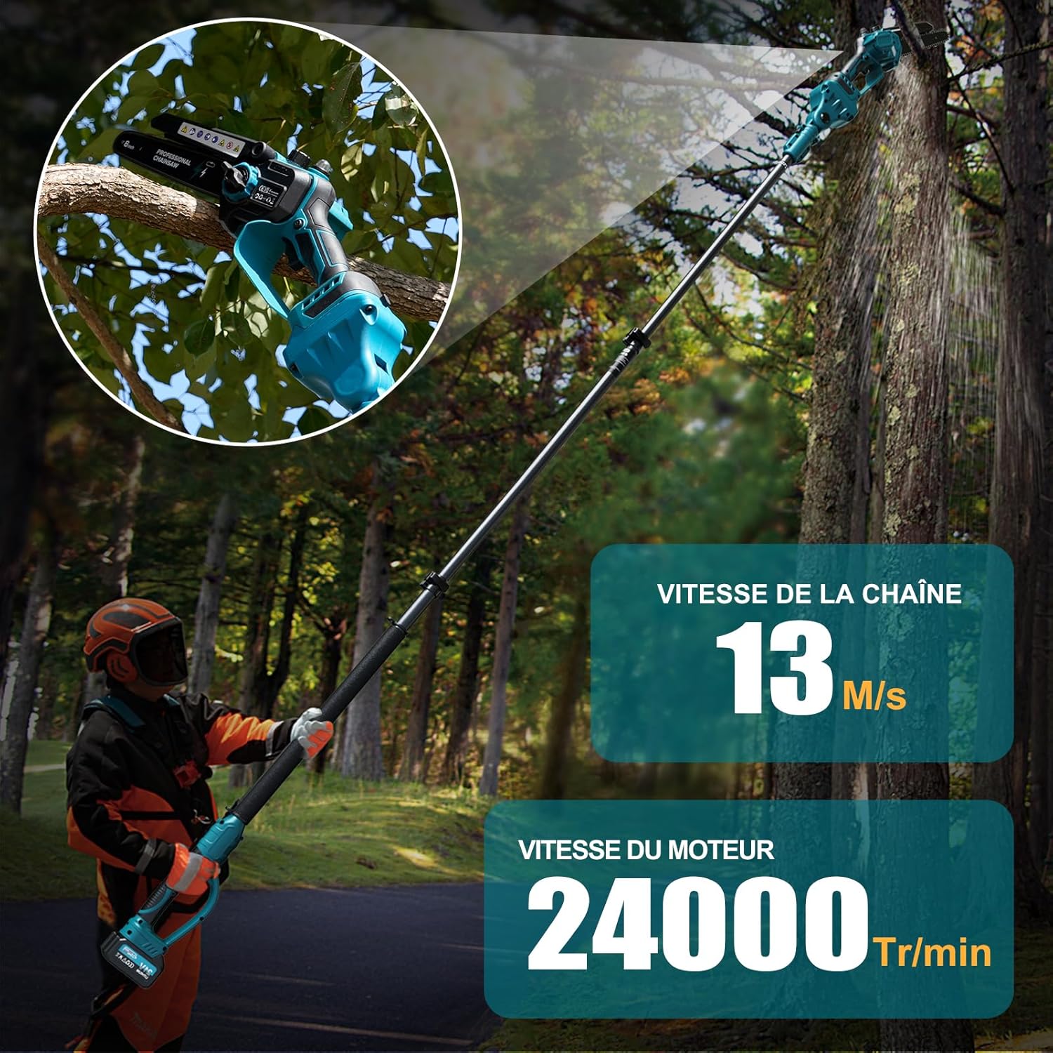 2-en-1 8 Pouces Tronçonneuse Télescopique & Mini Tronçonneuse, Tondeuse Electrique Sans Balais avec 2 Batteries de 4000 mAh, Moteur Brushless, Extension jusqu'à 4.5M