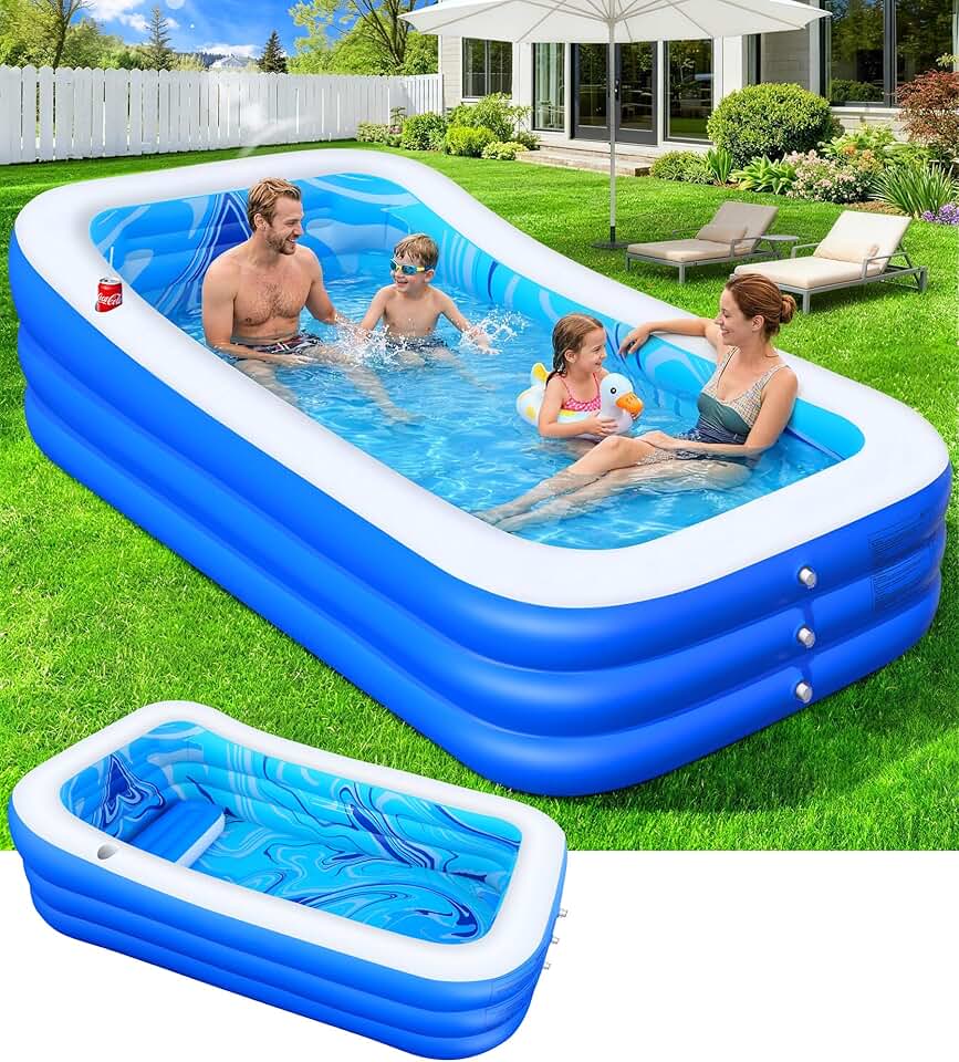 jardinite Piscine Gonflable Adulte, Piscine Familiale avec Siège et Dossier, 0.5mm Épaissi Piscines Rectangulaire Gonflable avec Porte-Gobelet, 250*160*63cm Pataugeoire Grande Piscines Gonflable Jardin