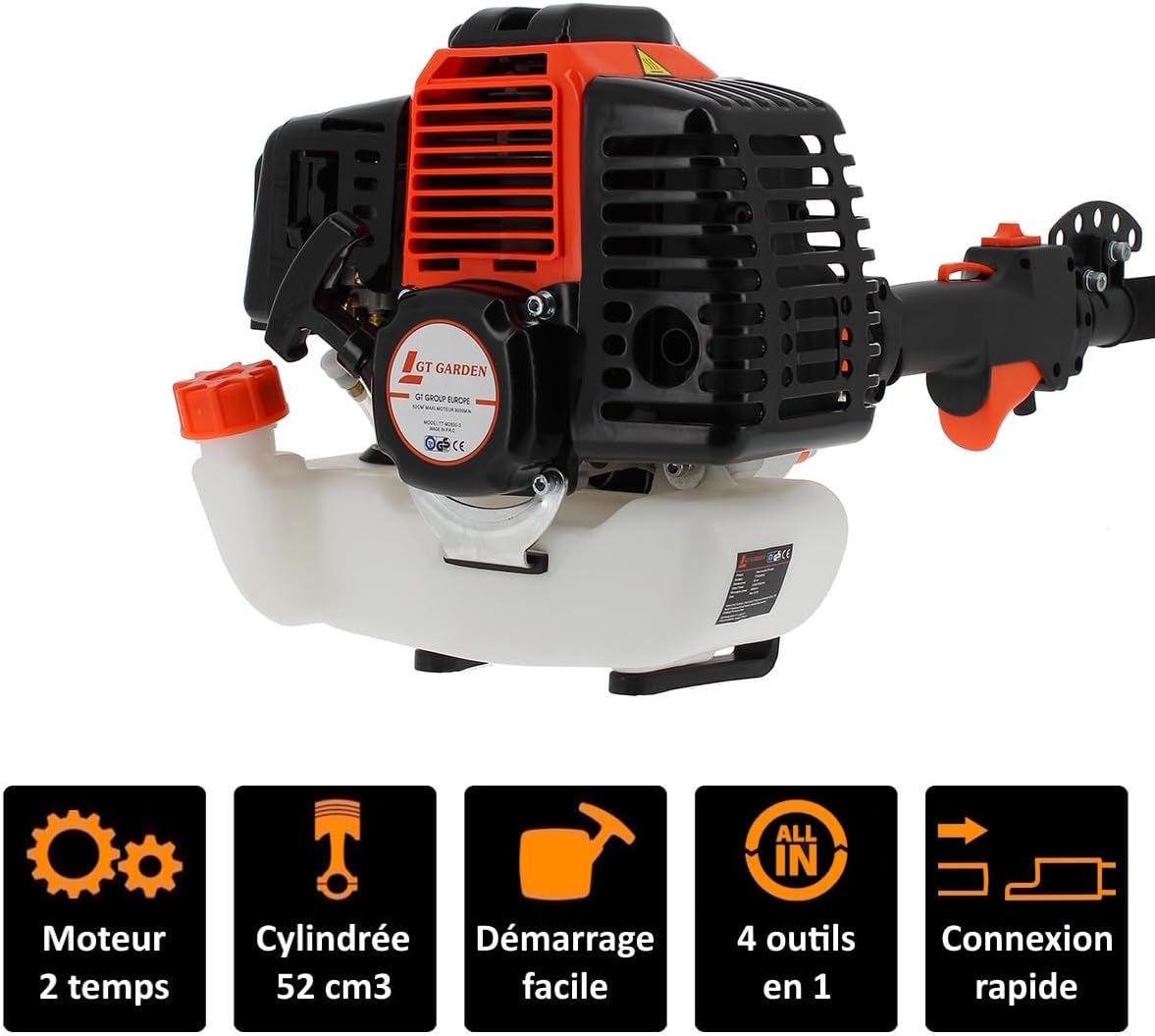 jardinite - outil multifonction thermique 4 en 1 - 52cc - tronçonneuse, débroussailleuse, taille-haies