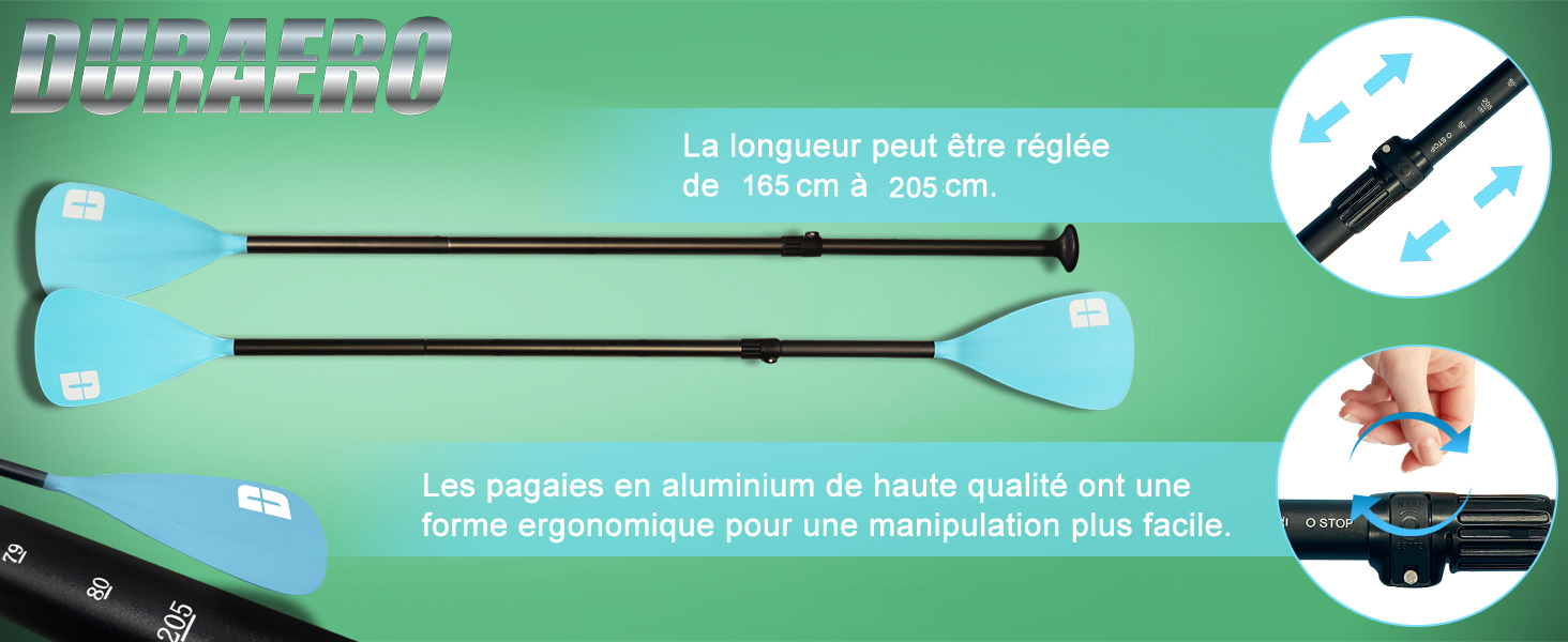 avec tiges en aluminium. La longueur varie de 165 cm à 220 cm. Comprend des poignées ergonomiques et des lames amovibles pour faciliter le transport.